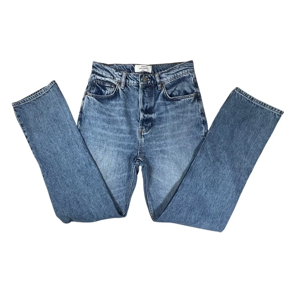 Reformation Camille Rowe Mid Rise Relaxed Straight Jeans Blue 26 Medium Wash